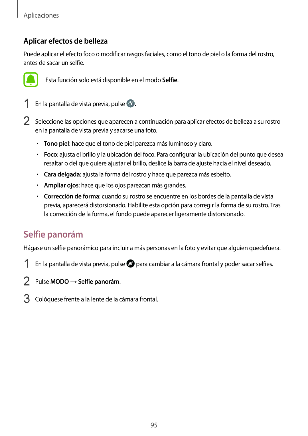 Samsung SM-G935FZBAPHE, SM-G935FZKAPHE, SM-G935FEDAPHE manual Aplicar efectos de belleza, Pulse Modo →Selfie panorám 