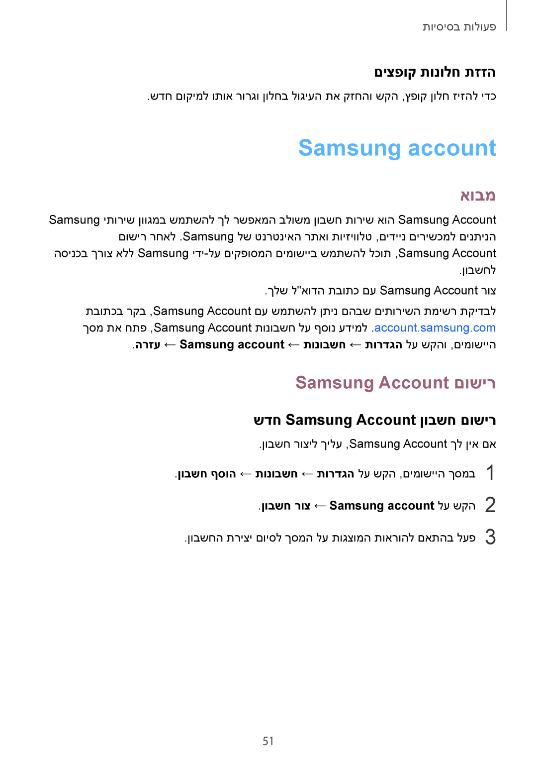 Samsung SM-G935FZDAILO manual Samsung account, Samsung Account םושיר, םיצפוק תונולח תזזה, שדח Samsung Account ןובשח םושיר 