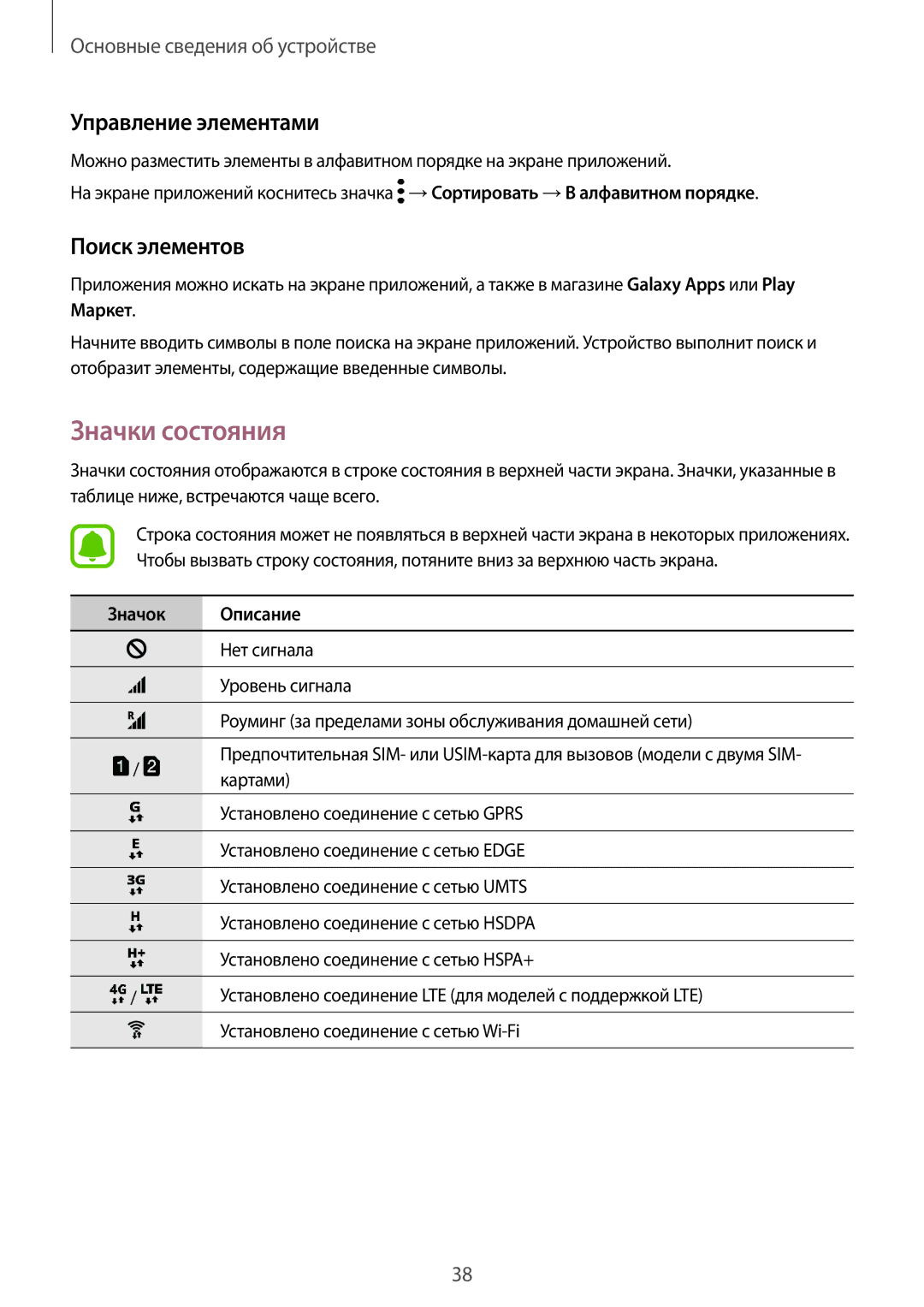 Samsung SM-G935FZKUSER, SM-G935FZDASEB manual Значки состояния, Управление элементами, Поиск элементов, Значок Описание 