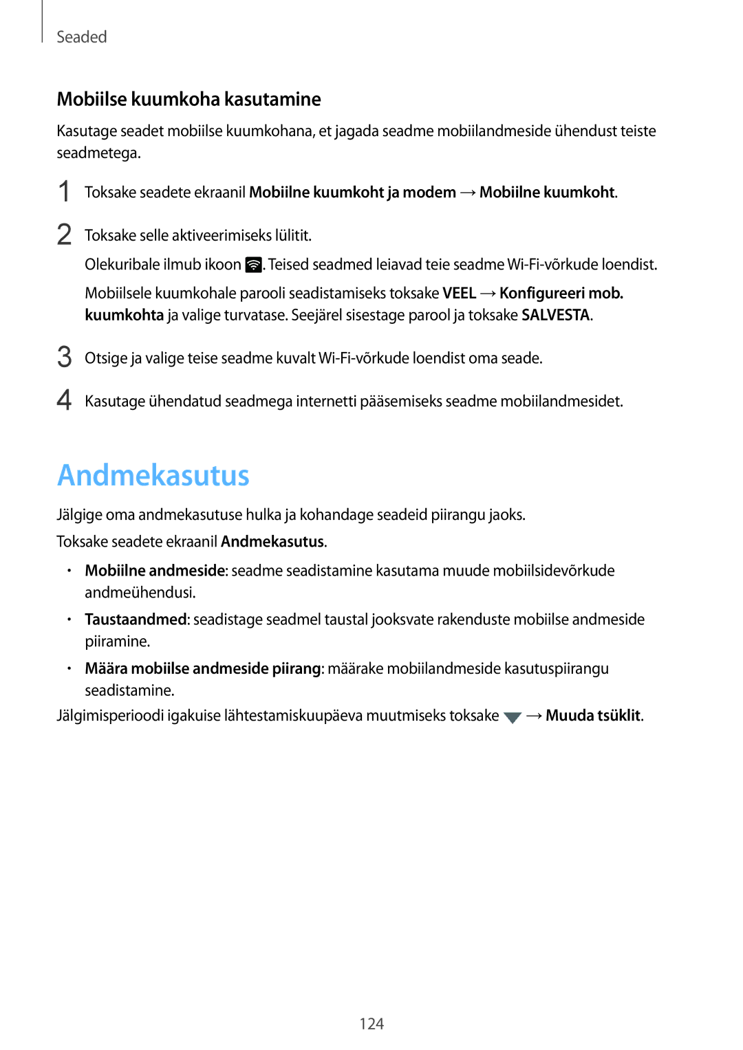 Samsung SM-G935FZDASEB manual Andmekasutus, Mobiilse kuumkoha kasutamine 