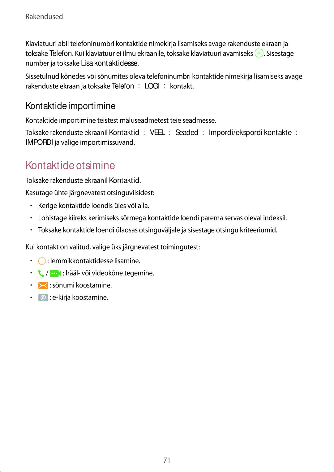 Samsung SM-G935FZDASEB manual Kontaktide otsimine, Kontaktide importimine 