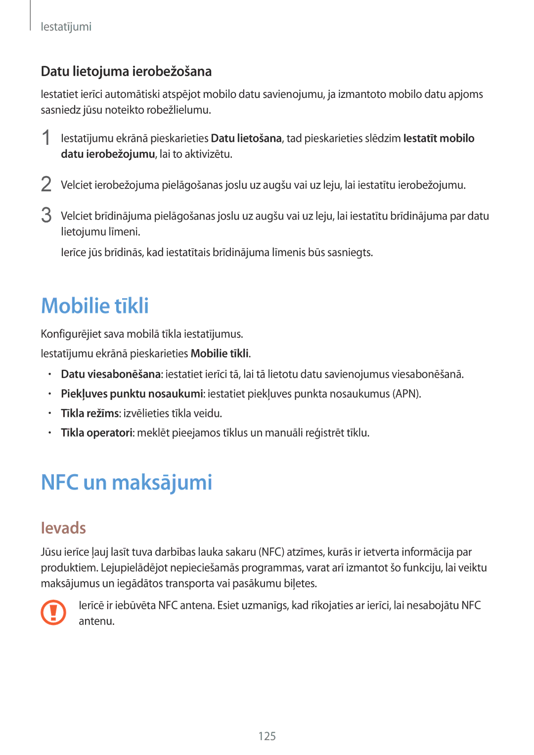 Samsung SM-G935FZDASEB manual Mobilie tīkli, NFC un maksājumi, Datu lietojuma ierobežošana 