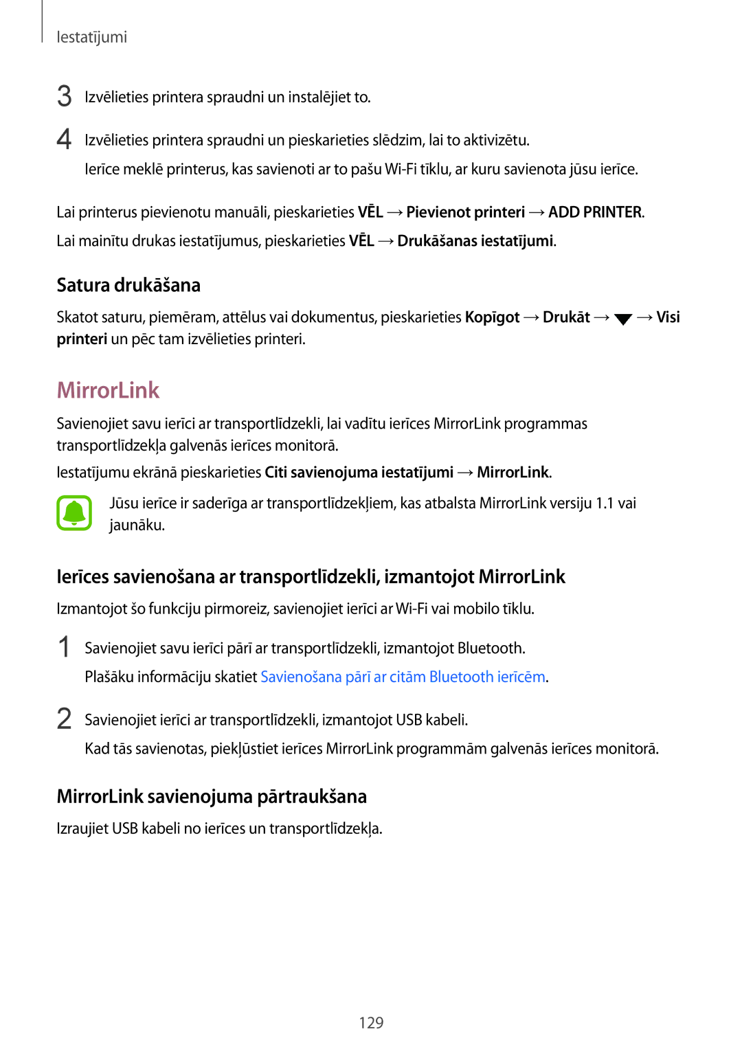 Samsung SM-G935FZDASEB manual Satura drukāšana, MirrorLink savienojuma pārtraukšana 