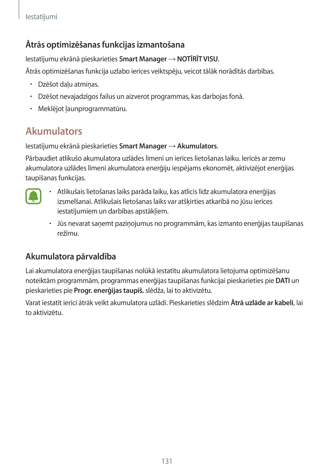 Samsung SM-G935FZDASEB manual Akumulators, Ātrās optimizēšanas funkcijas izmantošana, Akumulatora pārvaldība 