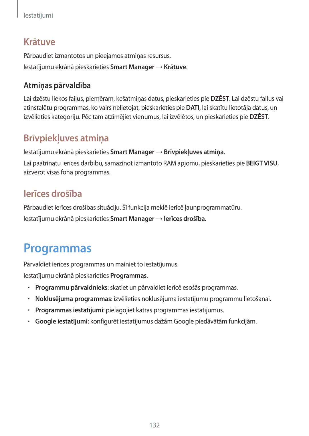 Samsung SM-G935FZDASEB manual Programmas, Krātuve, Brīvpiekļuves atmiņa, Ierīces drošība, Atmiņas pārvaldība 