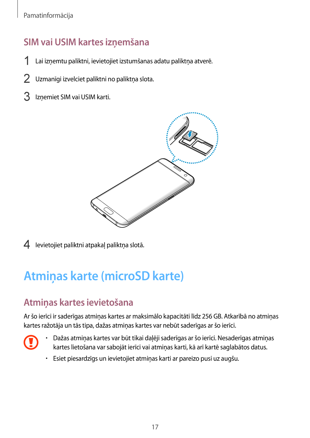 Samsung SM-G935FZDASEB manual Atmiņas karte microSD karte, SIM vai Usim kartes izņemšana, Atmiņas kartes ievietošana 