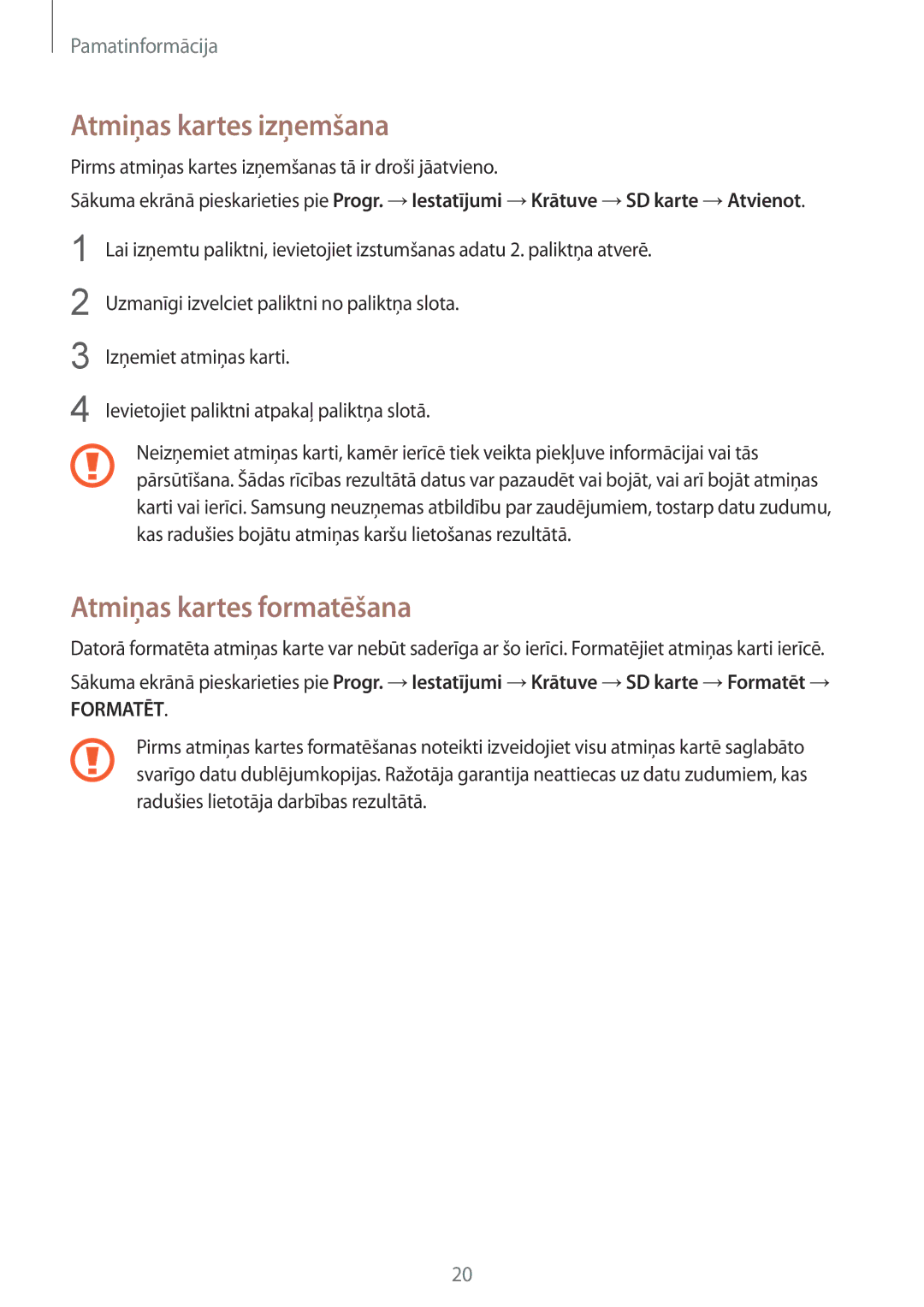 Samsung SM-G935FZDASEB manual Atmiņas kartes izņemšana, Atmiņas kartes formatēšana 