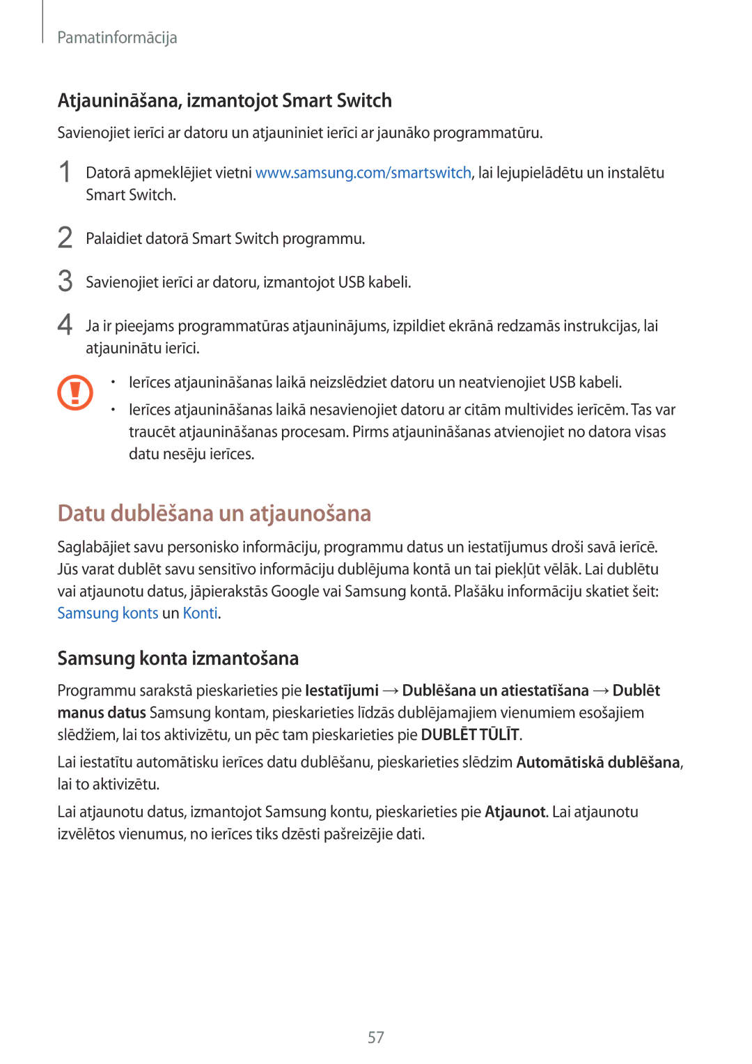 Samsung SM-G935FZDASEB Datu dublēšana un atjaunošana, Atjaunināšana, izmantojot Smart Switch, Samsung konta izmantošana 
