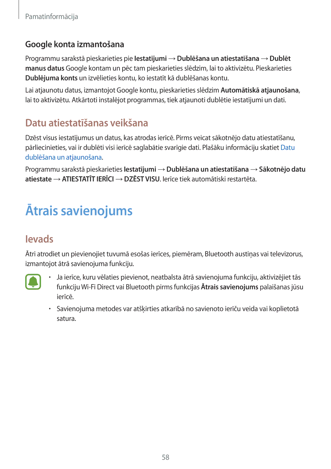 Samsung SM-G935FZDASEB manual Ātrais savienojums, Datu atiestatīšanas veikšana, Google konta izmantošana 