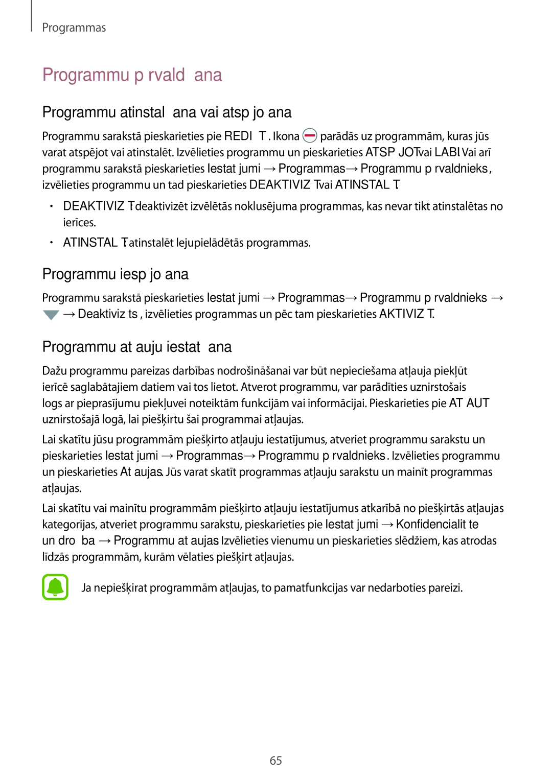 Samsung SM-G935FZDASEB manual Programmu pārvaldīšana, Programmu atinstalēšana vai atspējošana, Programmu iespējošana 