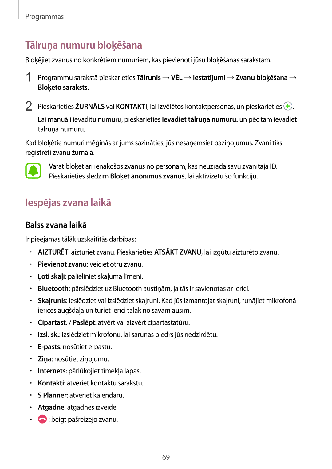 Samsung SM-G935FZDASEB manual Tālruņa numuru bloķēšana, Iespējas zvana laikā, Balss zvana laikā 