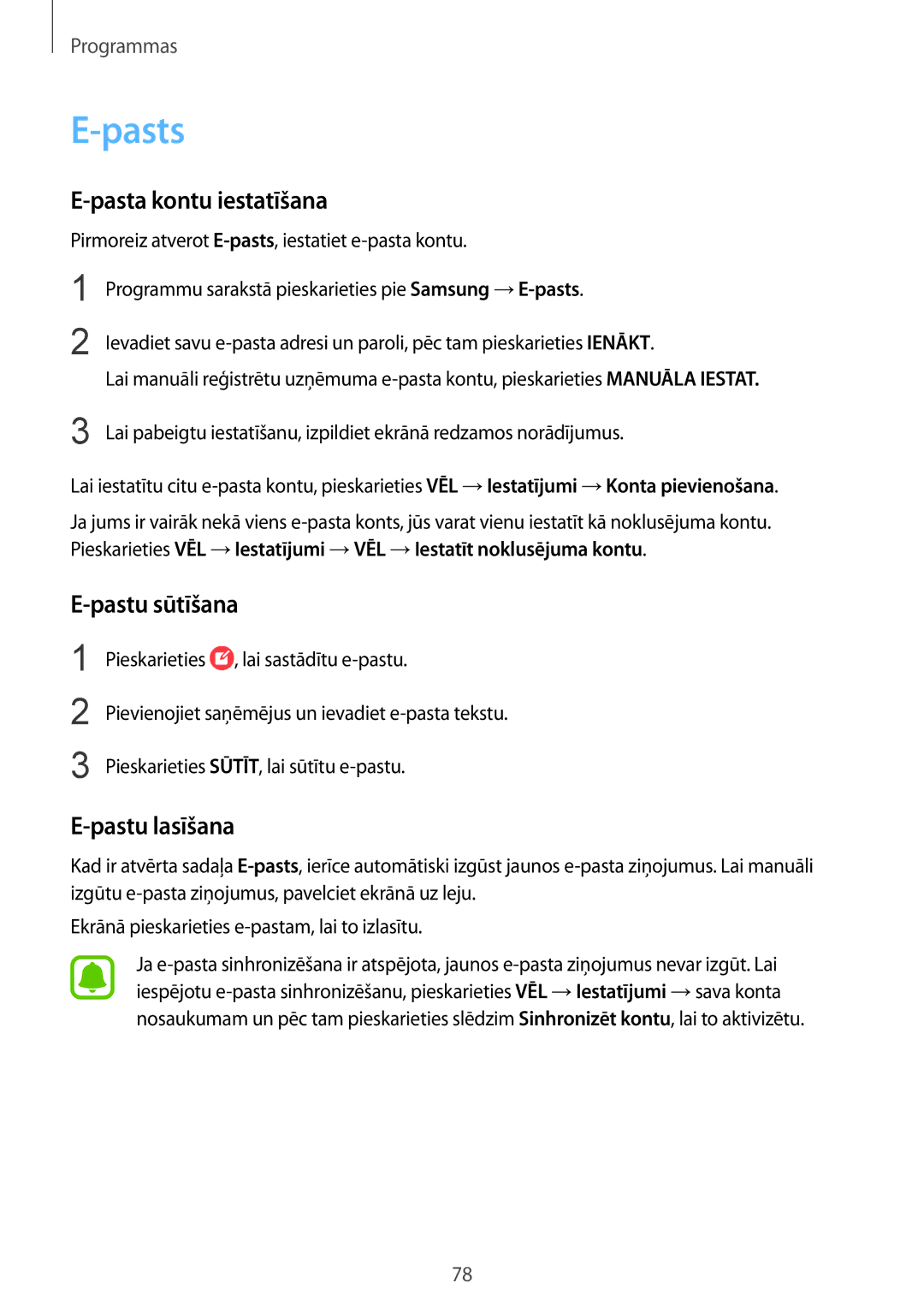 Samsung SM-G935FZDASEB manual Pasts, Pasta kontu iestatīšana, Pastu sūtīšana, Pastu lasīšana 