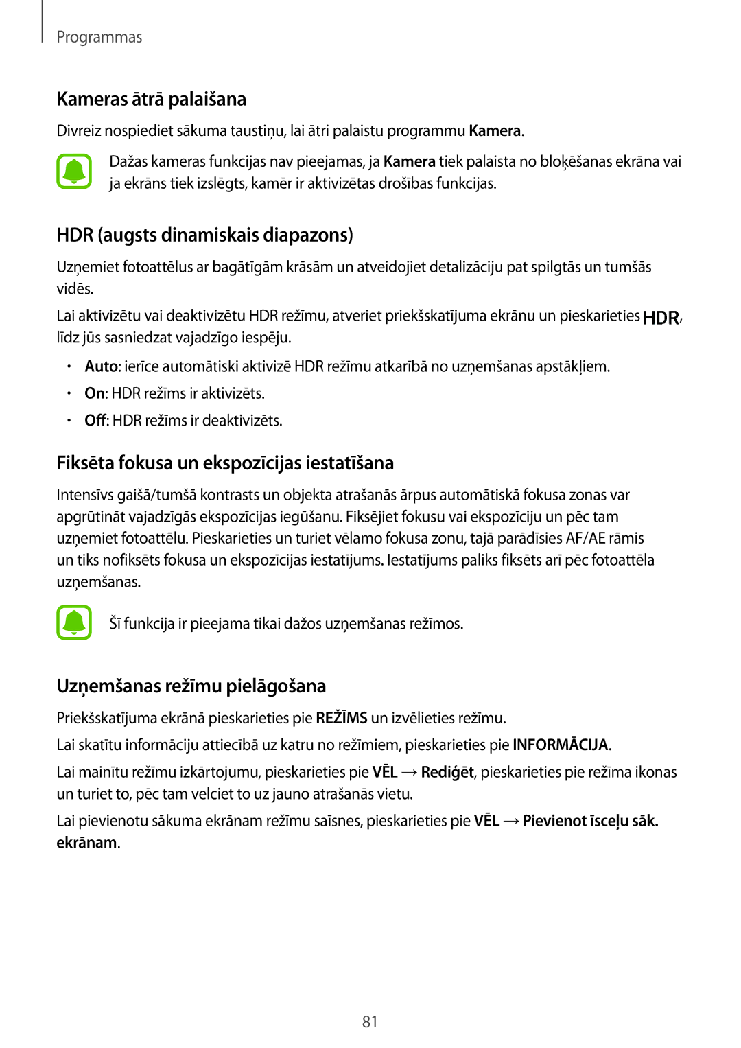 Samsung SM-G935FZDASEB manual Kameras ātrā palaišana, HDR augsts dinamiskais diapazons, Uzņemšanas režīmu pielāgošana 