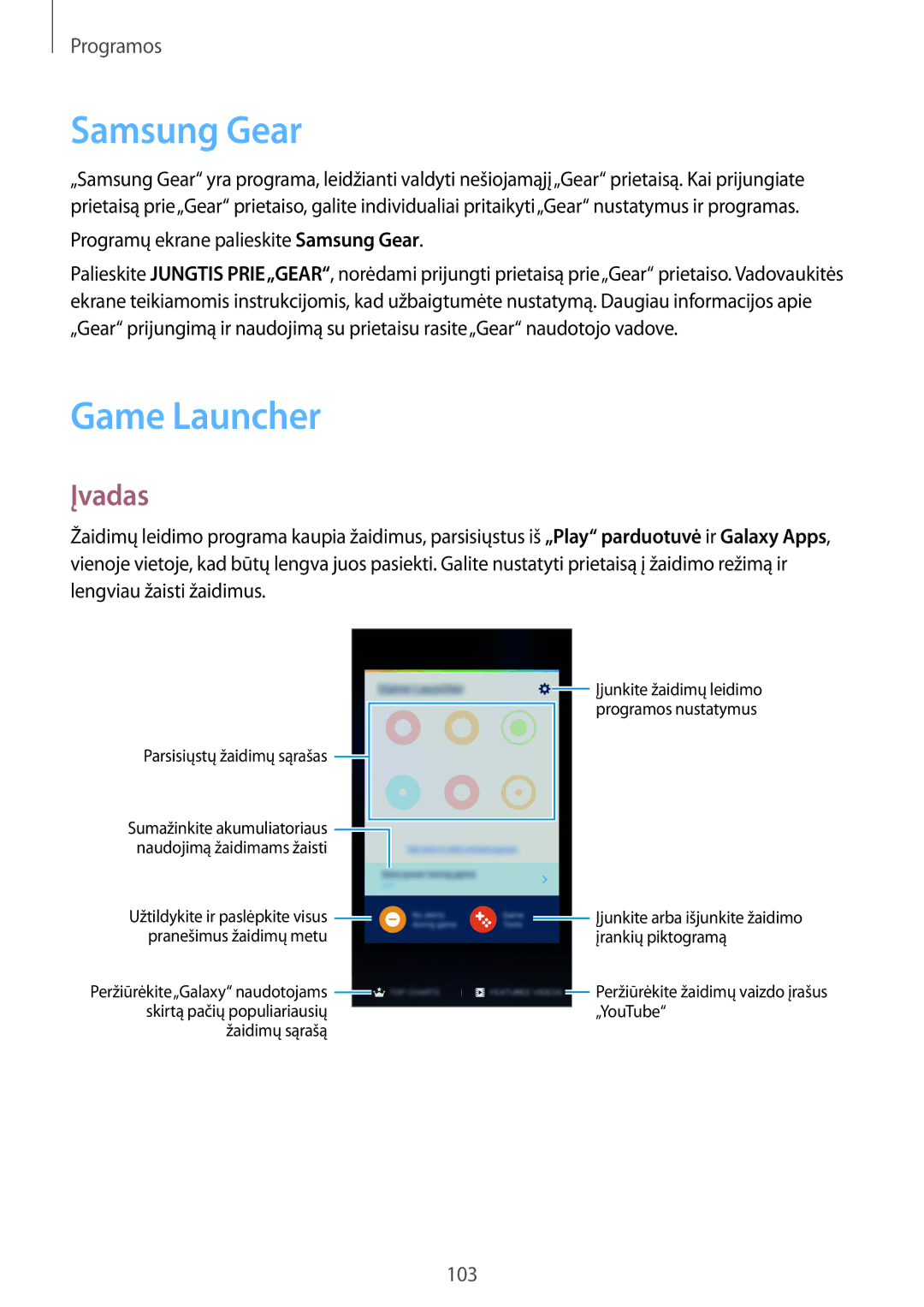 Samsung SM-G935FZDASEB manual Game Launcher, Programų ekrane palieskite Samsung Gear 