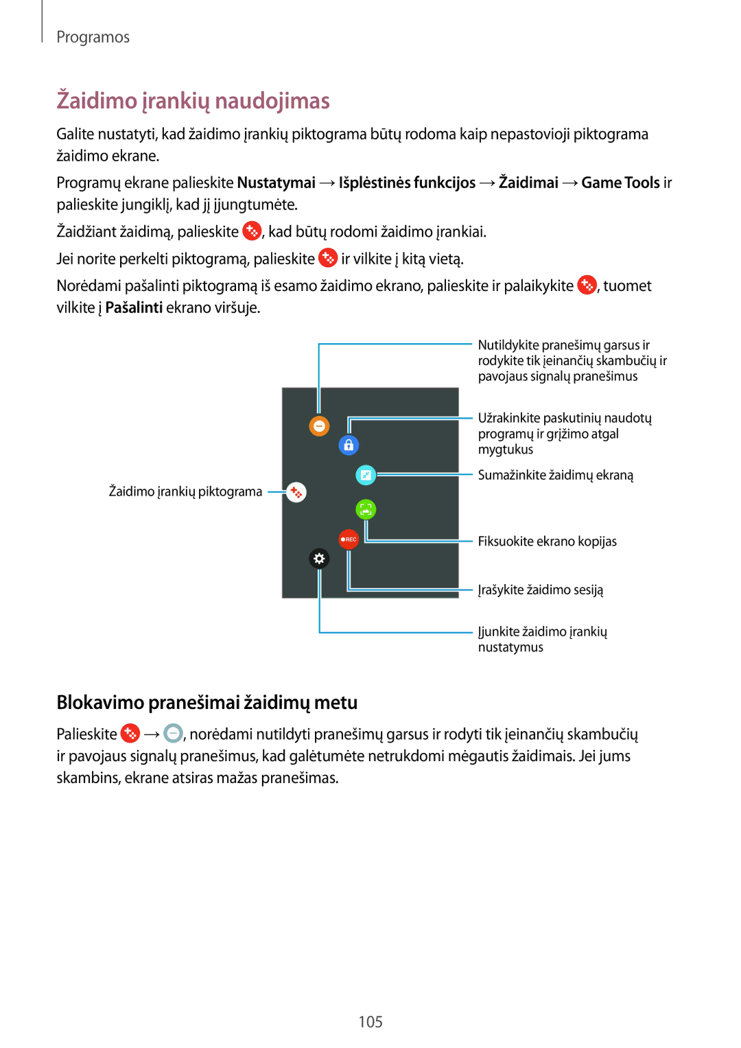 Samsung SM-G935FZDASEB manual Žaidimo įrankių naudojimas, Blokavimo pranešimai žaidimų metu 