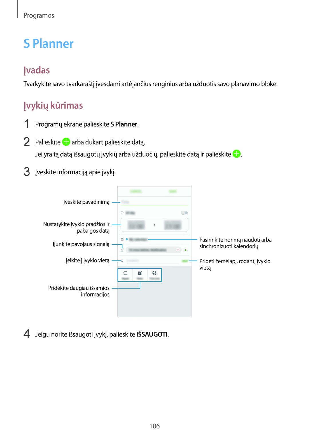 Samsung SM-G935FZDASEB manual Planner, Įvykių kūrimas, Jeigu norite išsaugoti įvykį, palieskite Išsaugoti 