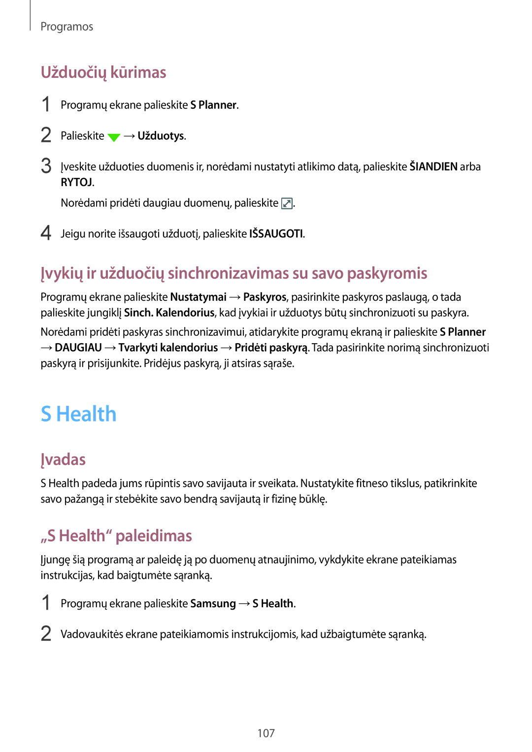 Samsung SM-G935FZDASEB manual Health, Užduočių kūrimas, Įvykių ir užduočių sinchronizavimas su savo paskyromis 