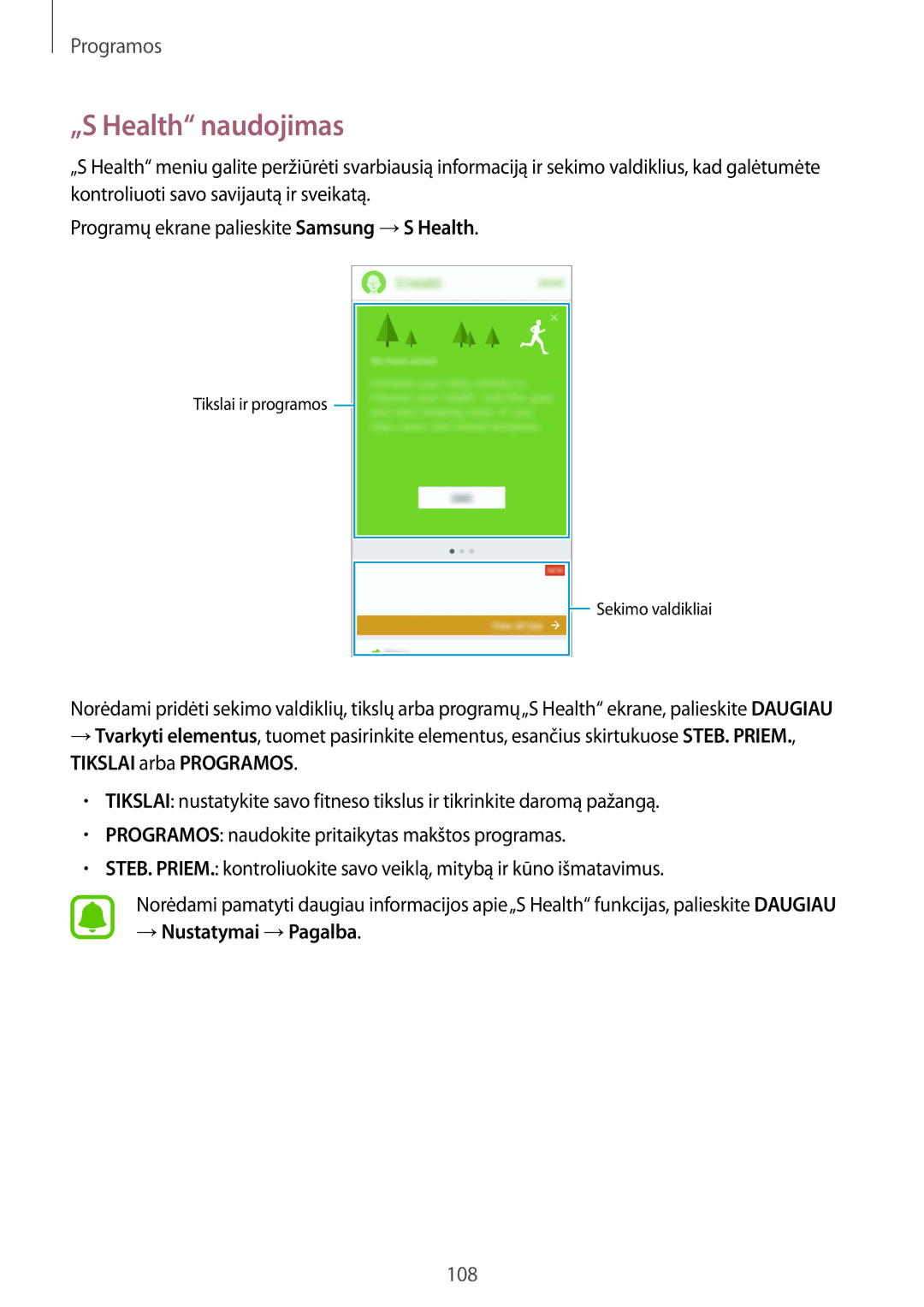 Samsung SM-G935FZDASEB manual „S Health naudojimas, Tikslai arba Programos, → Nustatymai →Pagalba 