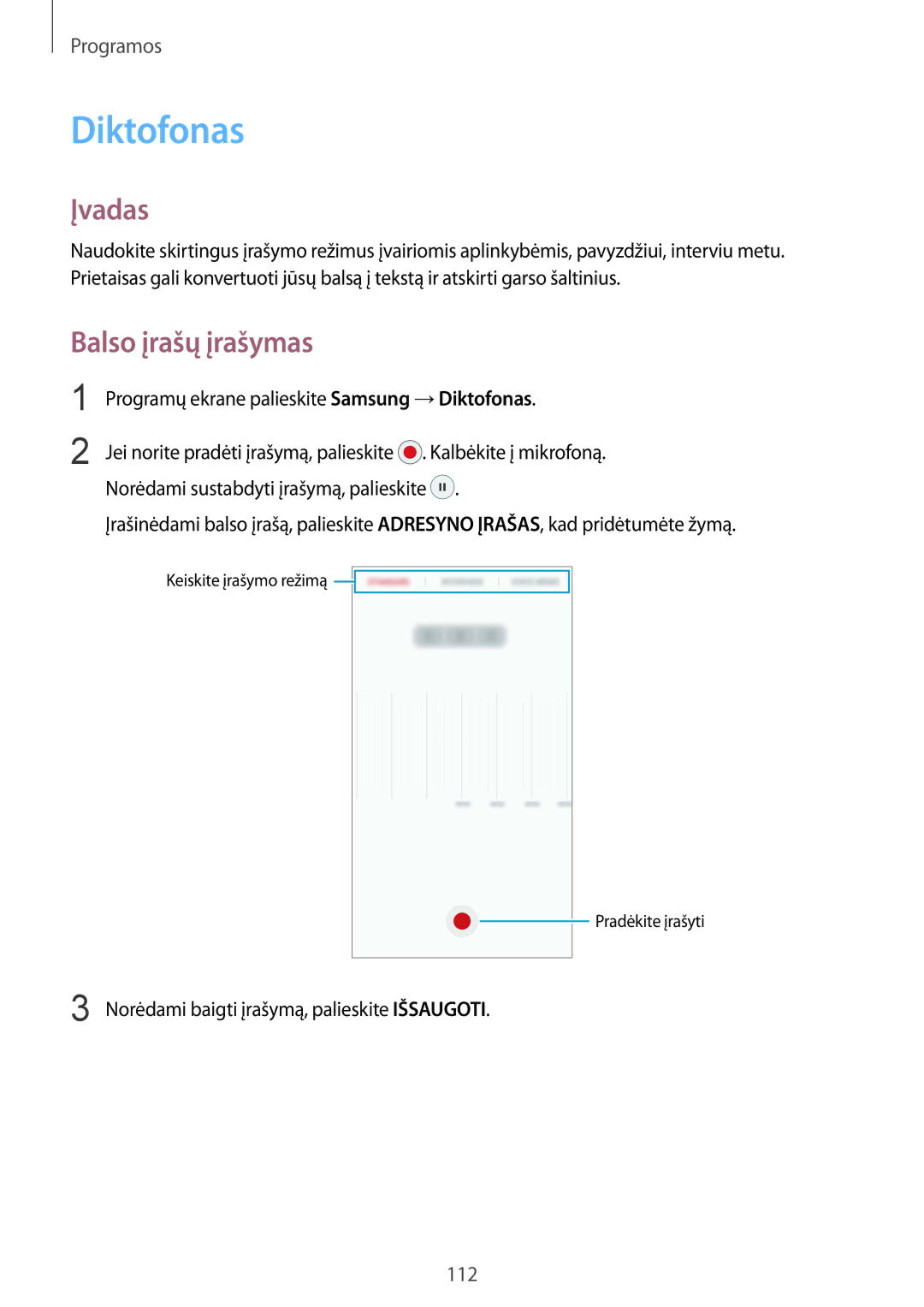 Samsung SM-G935FZDASEB manual Diktofonas, Balso įrašų įrašymas, Norėdami baigti įrašymą, palieskite Išsaugoti 