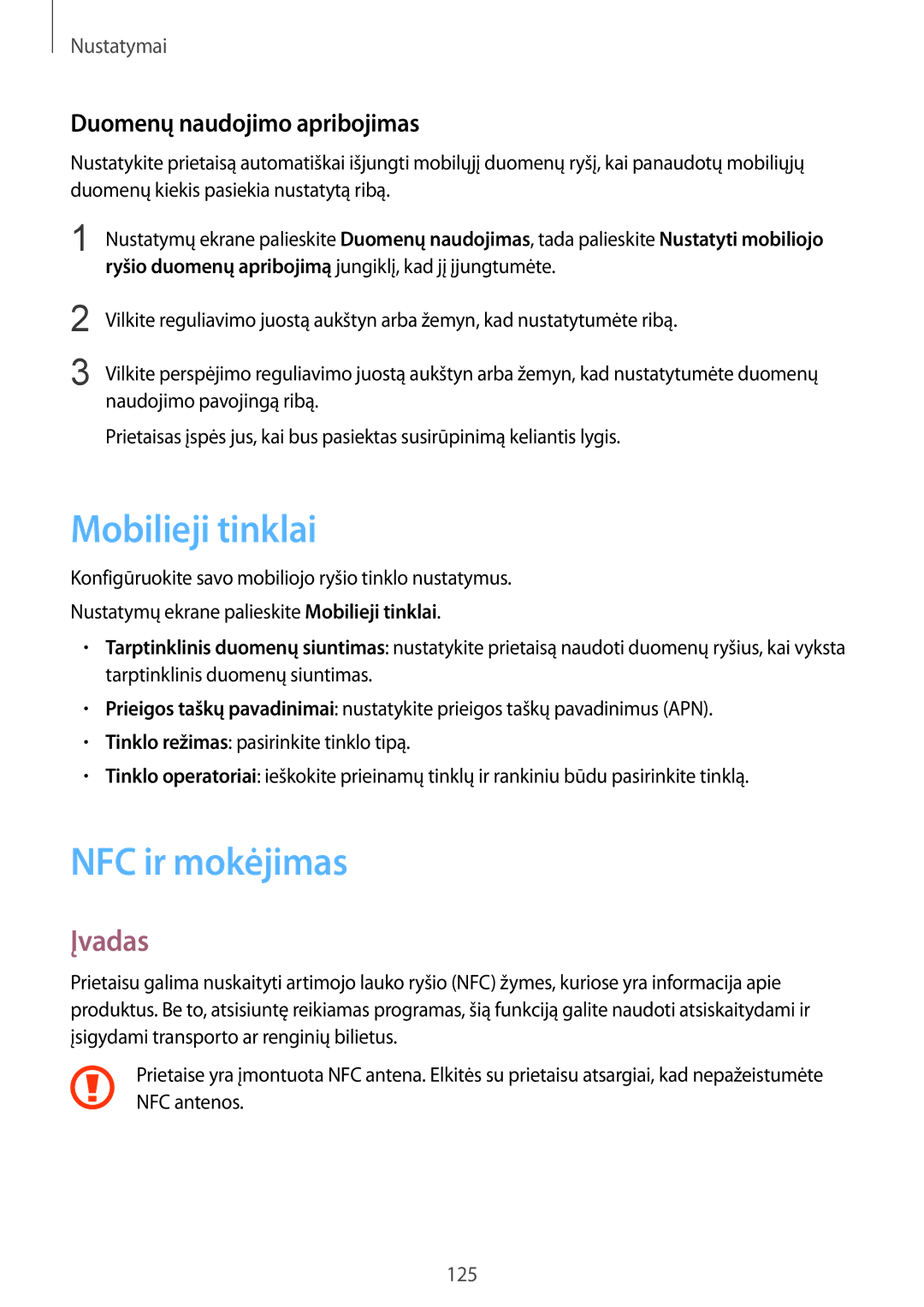 Samsung SM-G935FZDASEB manual Mobilieji tinklai, NFC ir mokėjimas, Duomenų naudojimo apribojimas 