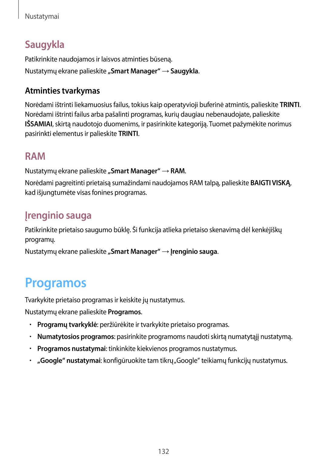 Samsung SM-G935FZDASEB manual Programos, Saugykla, Įrenginio sauga, Atminties tvarkymas 