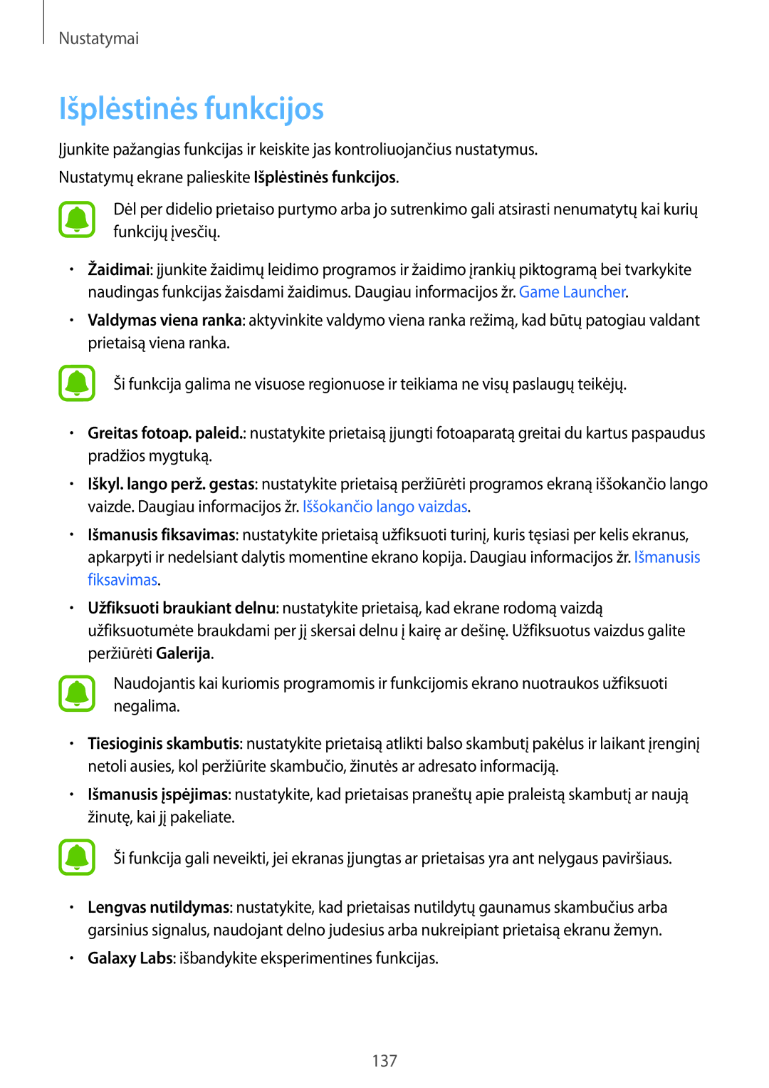 Samsung SM-G935FZDASEB manual Išplėstinės funkcijos, Galaxy Labs išbandykite eksperimentines funkcijas 