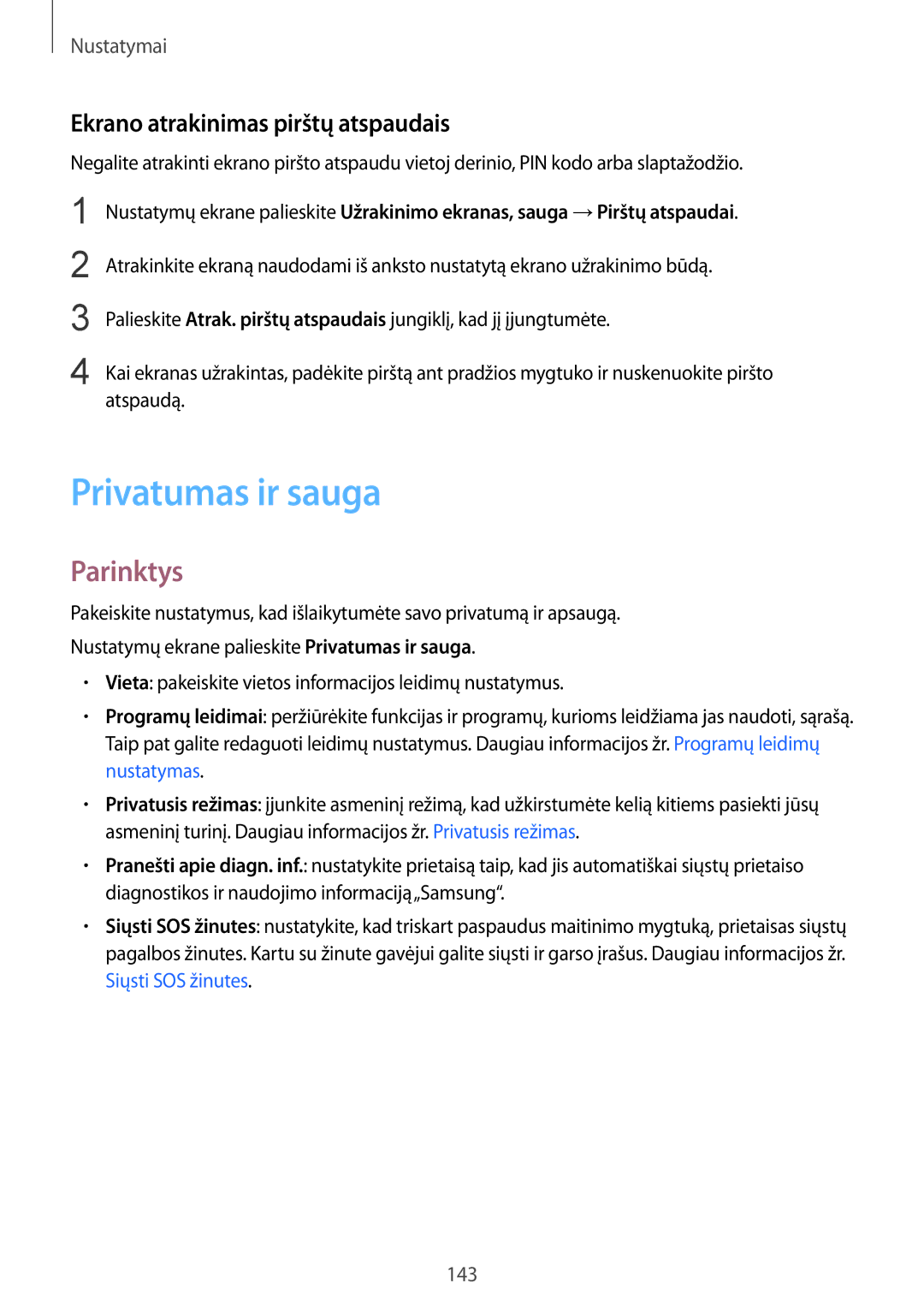 Samsung SM-G935FZDASEB manual Privatumas ir sauga, Ekrano atrakinimas pirštų atspaudais 