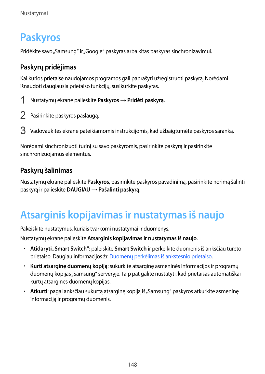 Samsung SM-G935FZDASEB manual Paskyros, Paskyrų pridėjimas, Paskyrų šalinimas 