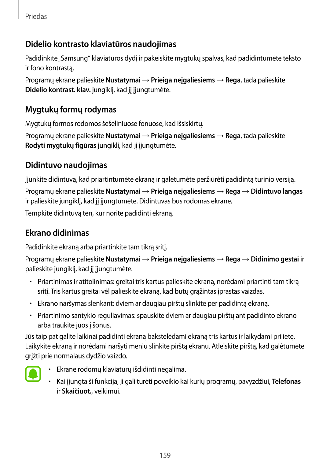 Samsung SM-G935FZDASEB manual Didelio kontrasto klaviatūros naudojimas, Mygtukų formų rodymas, Didintuvo naudojimas 