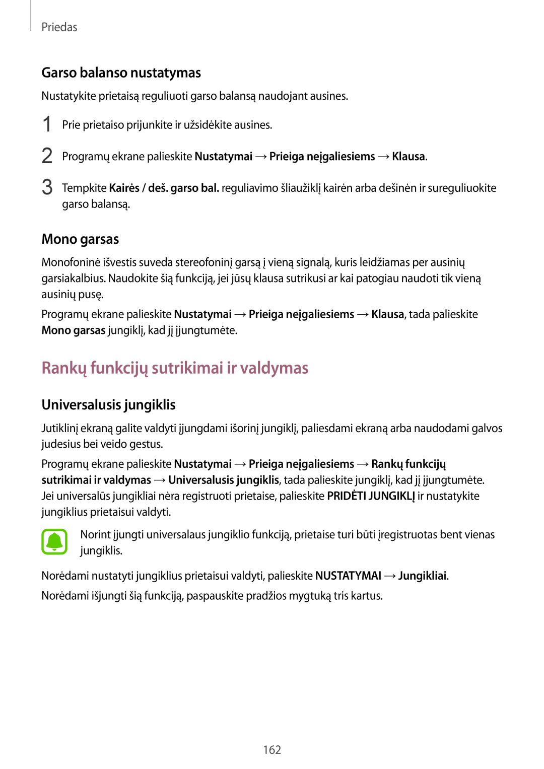 Samsung SM-G935FZDASEB manual Rankų funkcijų sutrikimai ir valdymas, Garso balanso nustatymas, Mono garsas 