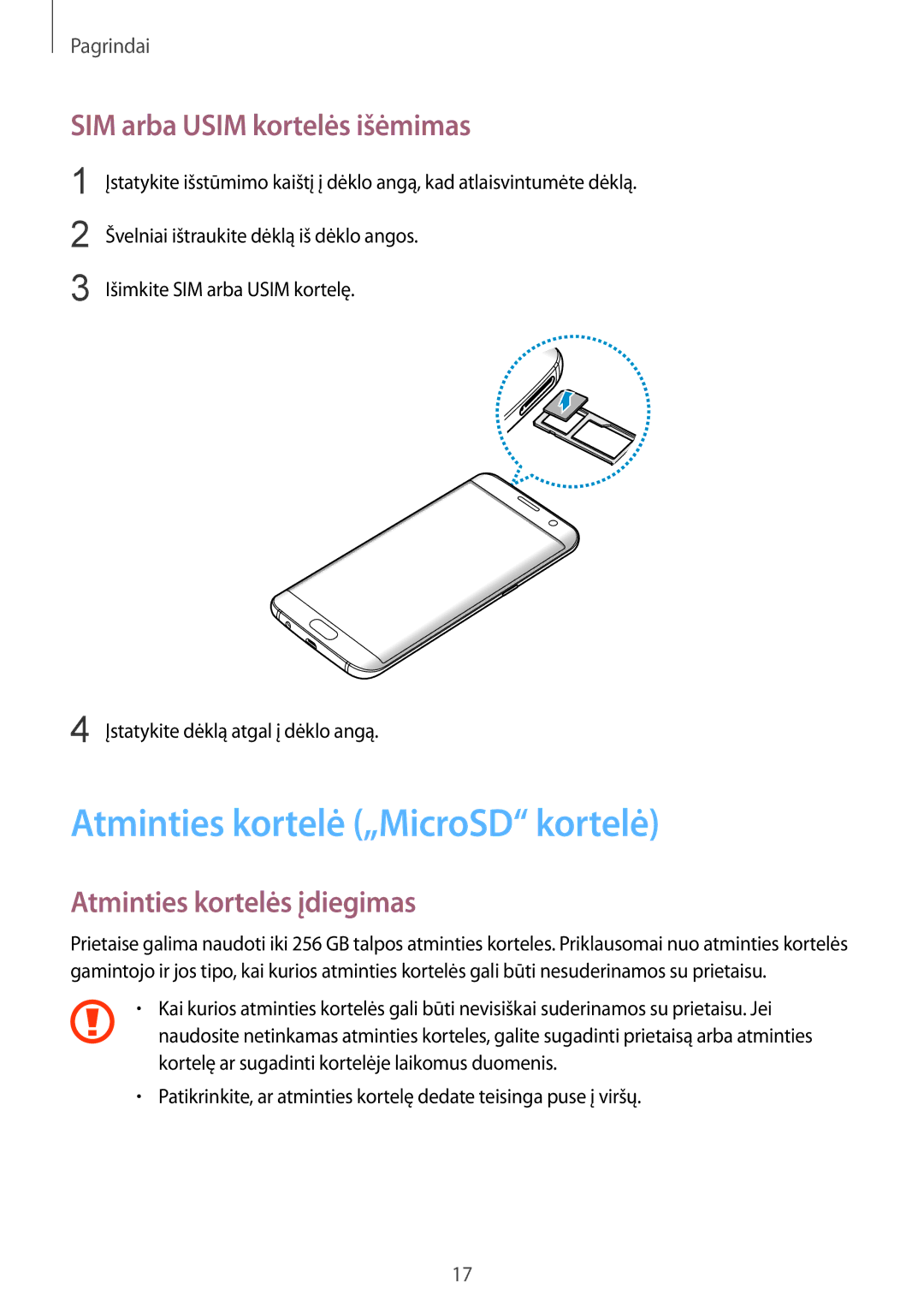 Samsung SM-G935FZDASEB Atminties kortelė „MicroSD kortelė, SIM arba Usim kortelės išėmimas, Atminties kortelės įdiegimas 