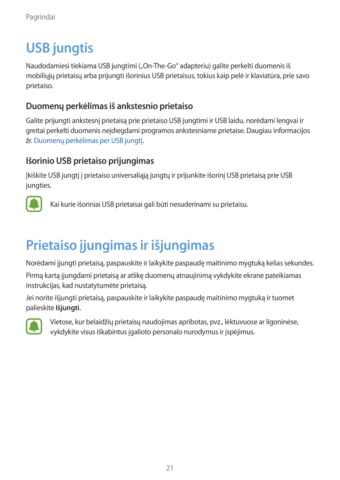 Samsung SM-G935FZDASEB manual USB jungtis, Prietaiso įjungimas ir išjungimas, Duomenų perkėlimas iš ankstesnio prietaiso 