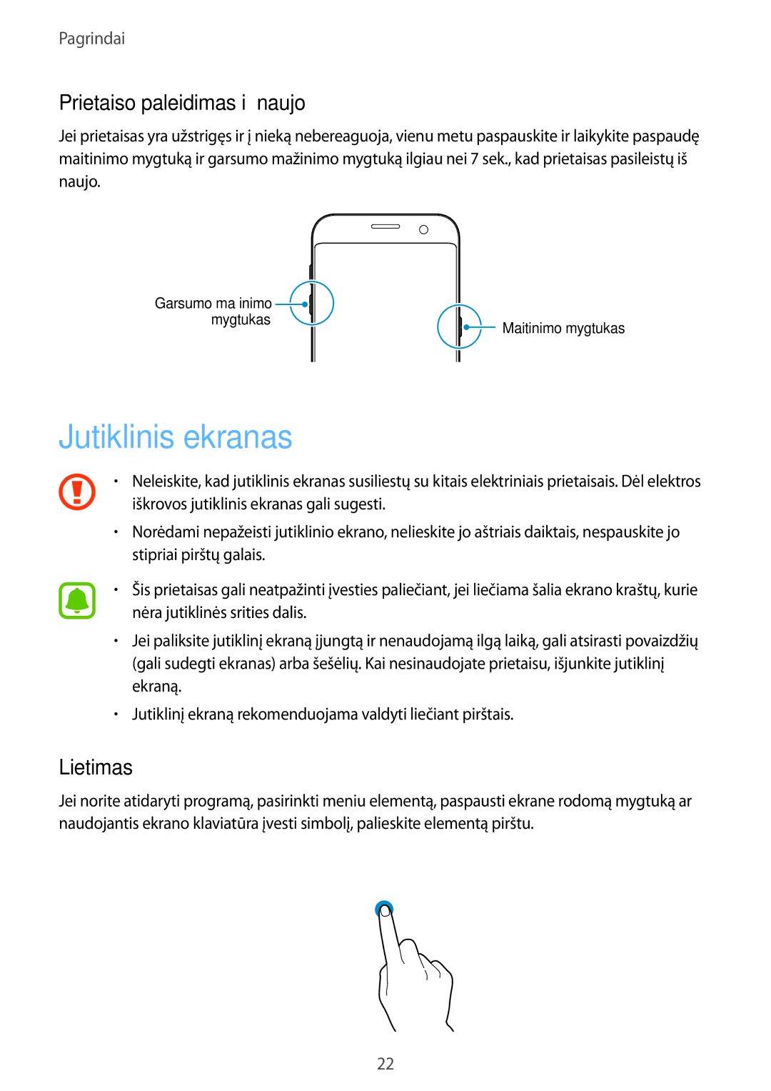 Samsung SM-G935FZDASEB manual Jutiklinis ekranas, Prietaiso paleidimas iš naujo, Lietimas 