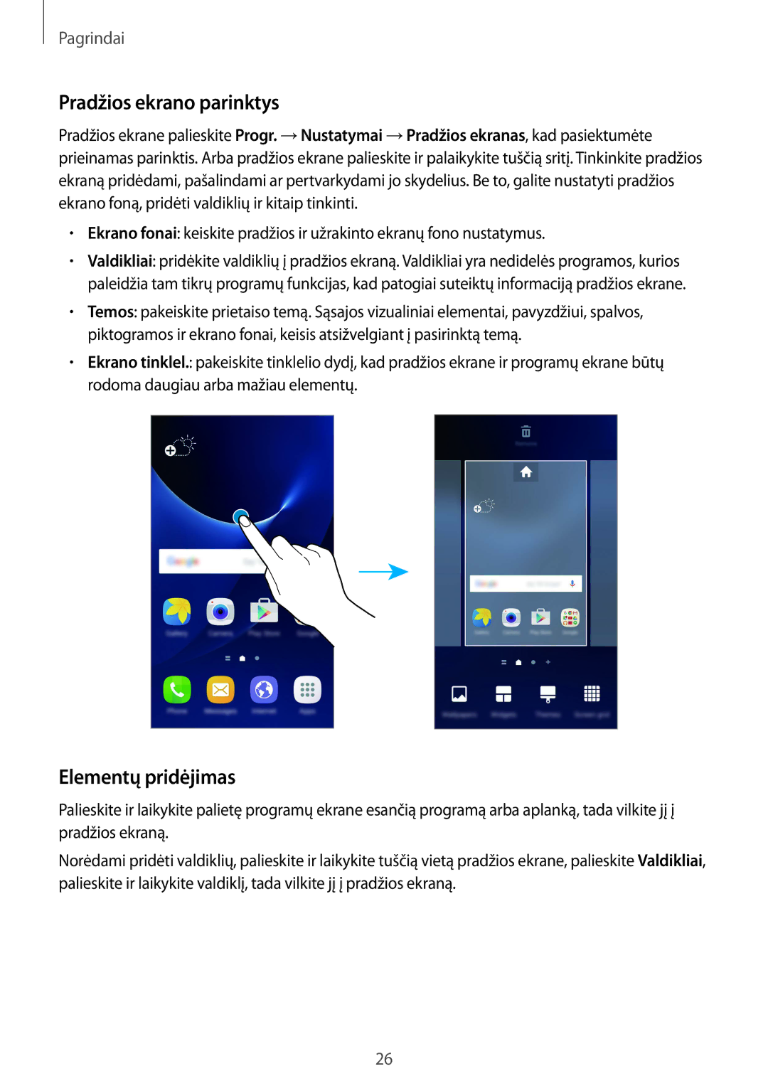 Samsung SM-G935FZDASEB manual Pradžios ekrano parinktys, Elementų pridėjimas 