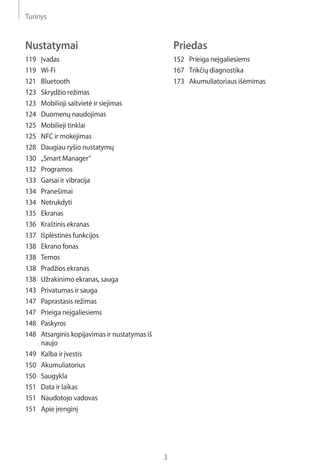 Samsung SM-G935FZDASEB manual Įvadas 152 Prieiga neįgaliesiems, Wi-Fi 167 Trikčių diagnostika, Bluetooth 173 