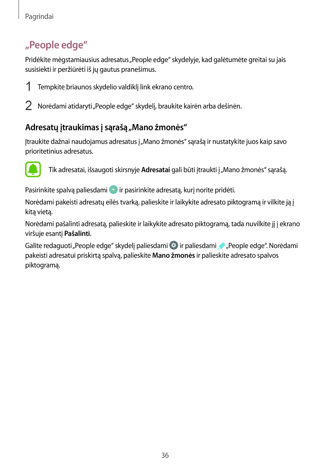 Samsung SM-G935FZDASEB manual „People edge, Adresatų įtraukimas į sąrašą„Mano žmonės 
