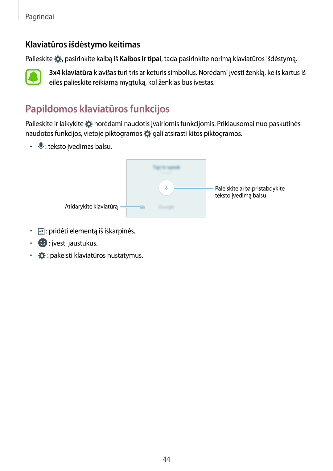 Samsung SM-G935FZDASEB manual Papildomos klaviatūros funkcijos, Klaviatūros išdėstymo keitimas, Teksto įvedimas balsu 