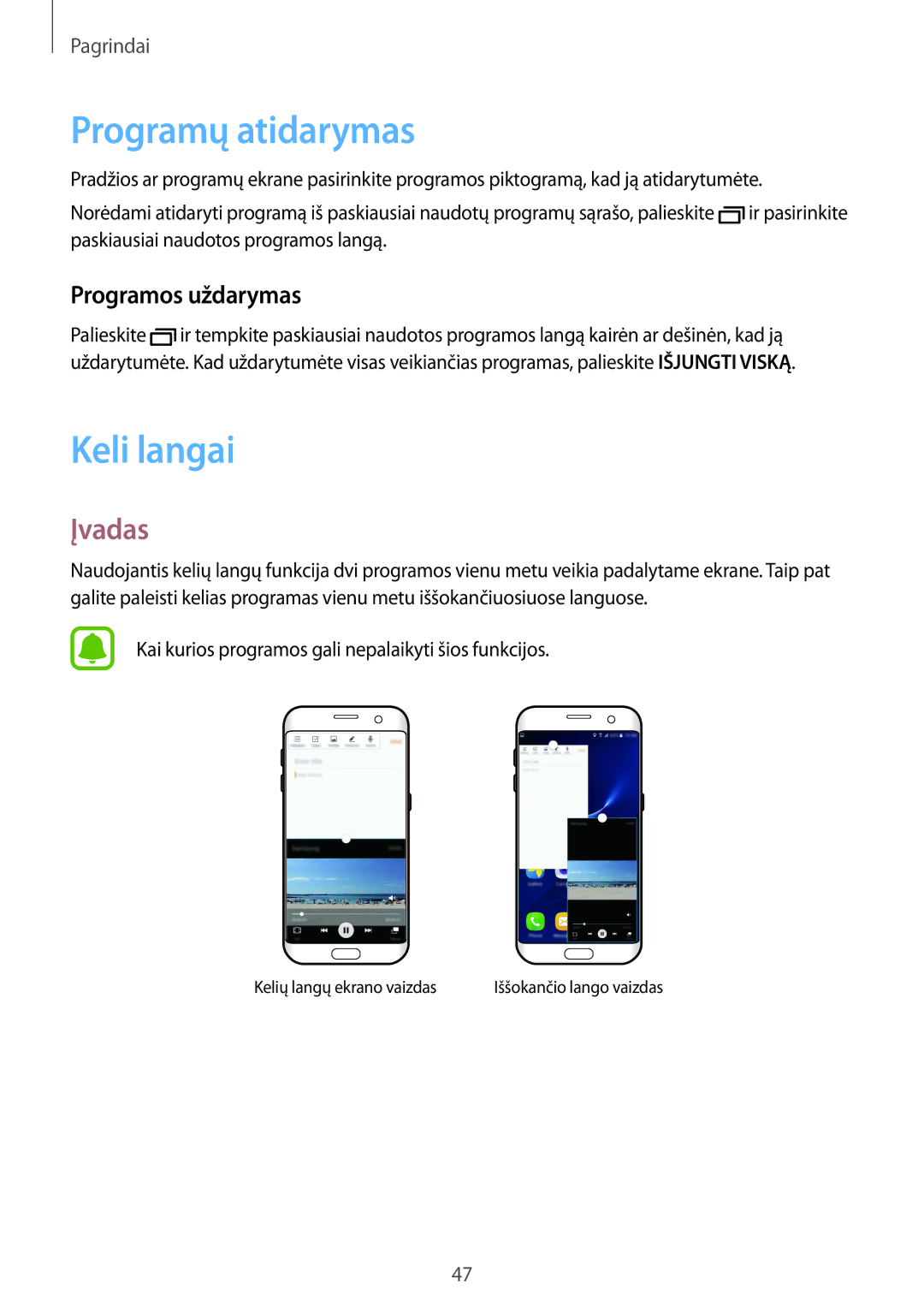 Samsung SM-G935FZDASEB manual Programų atidarymas, Keli langai, Programos uždarymas 