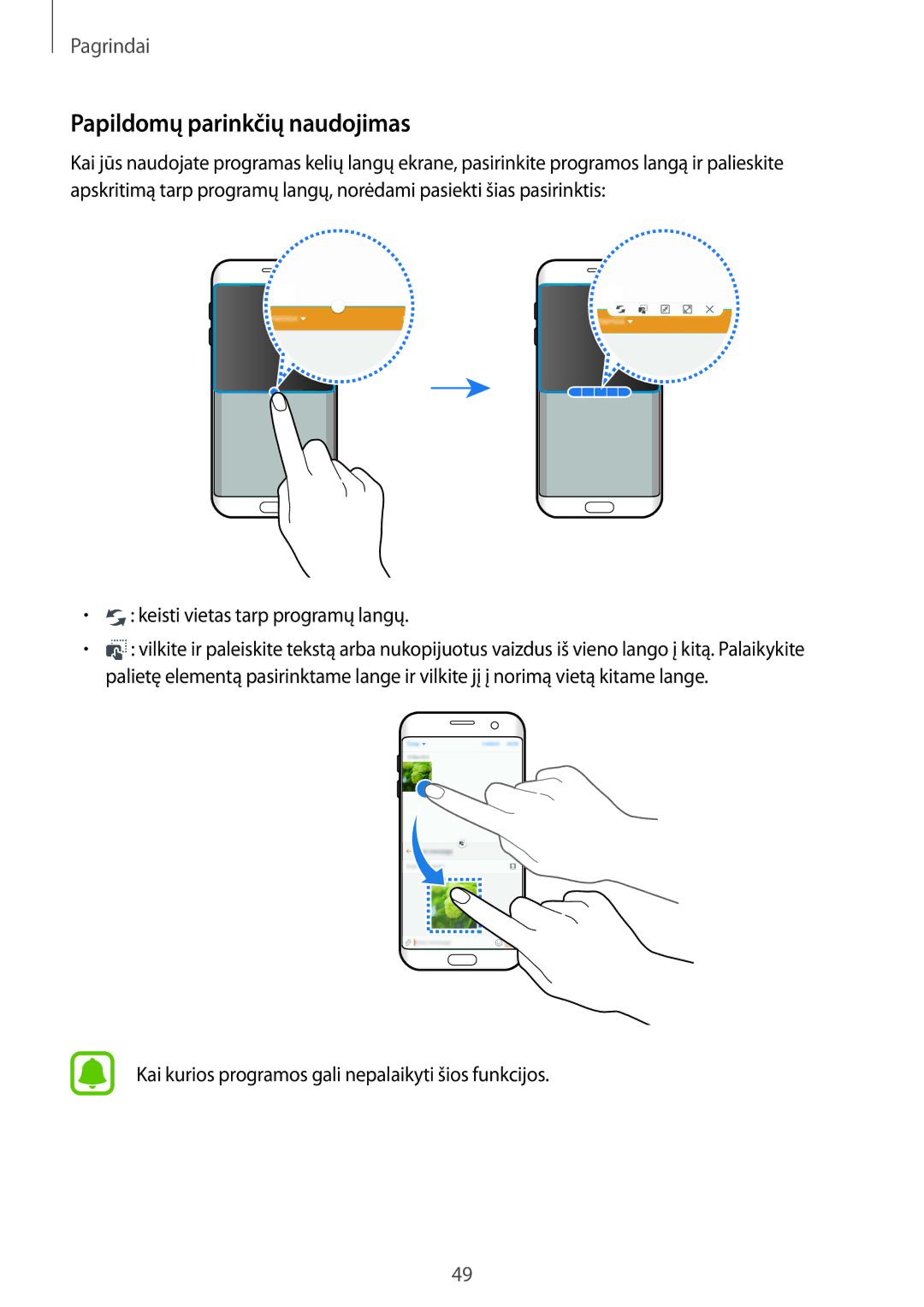 Samsung SM-G935FZDASEB manual Papildomų parinkčių naudojimas, Keisti vietas tarp programų langų 