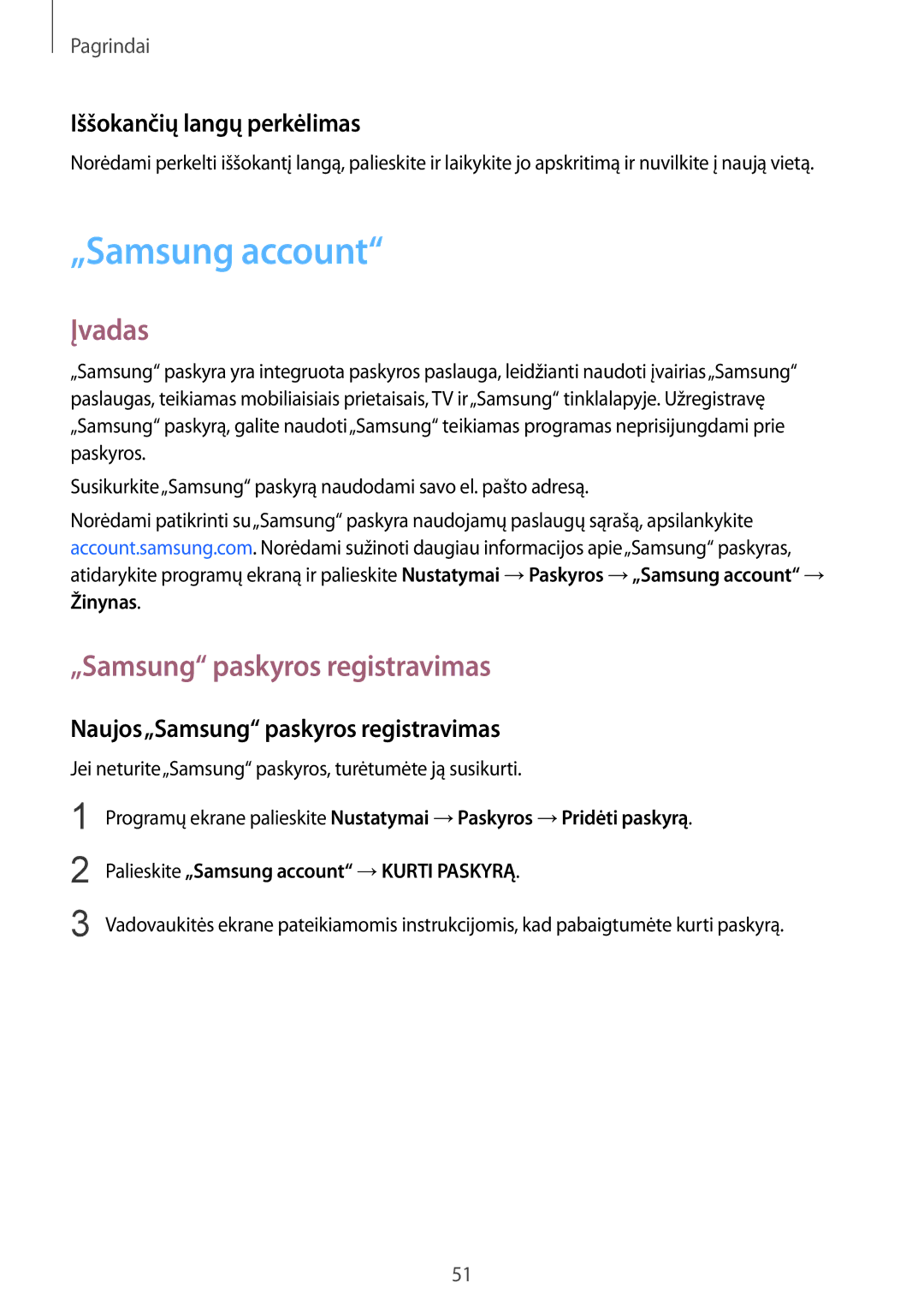 Samsung SM-G935FZDASEB manual „Samsung account, „Samsung paskyros registravimas, Iššokančių langų perkėlimas 