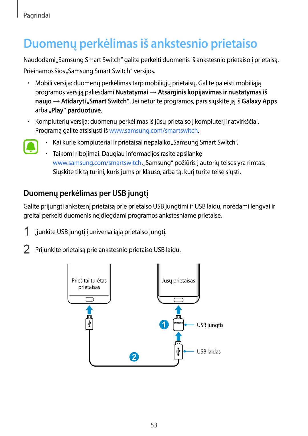 Samsung SM-G935FZDASEB manual Duomenų perkėlimas iš ankstesnio prietaiso, Duomenų perkėlimas per USB jungtį 