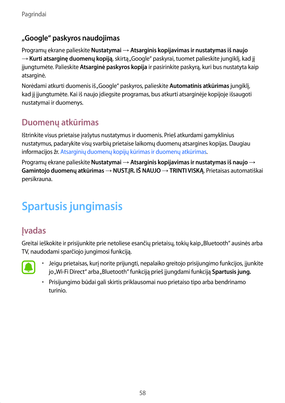 Samsung SM-G935FZDASEB manual Spartusis jungimasis, Duomenų atkūrimas, „Google paskyros naudojimas 