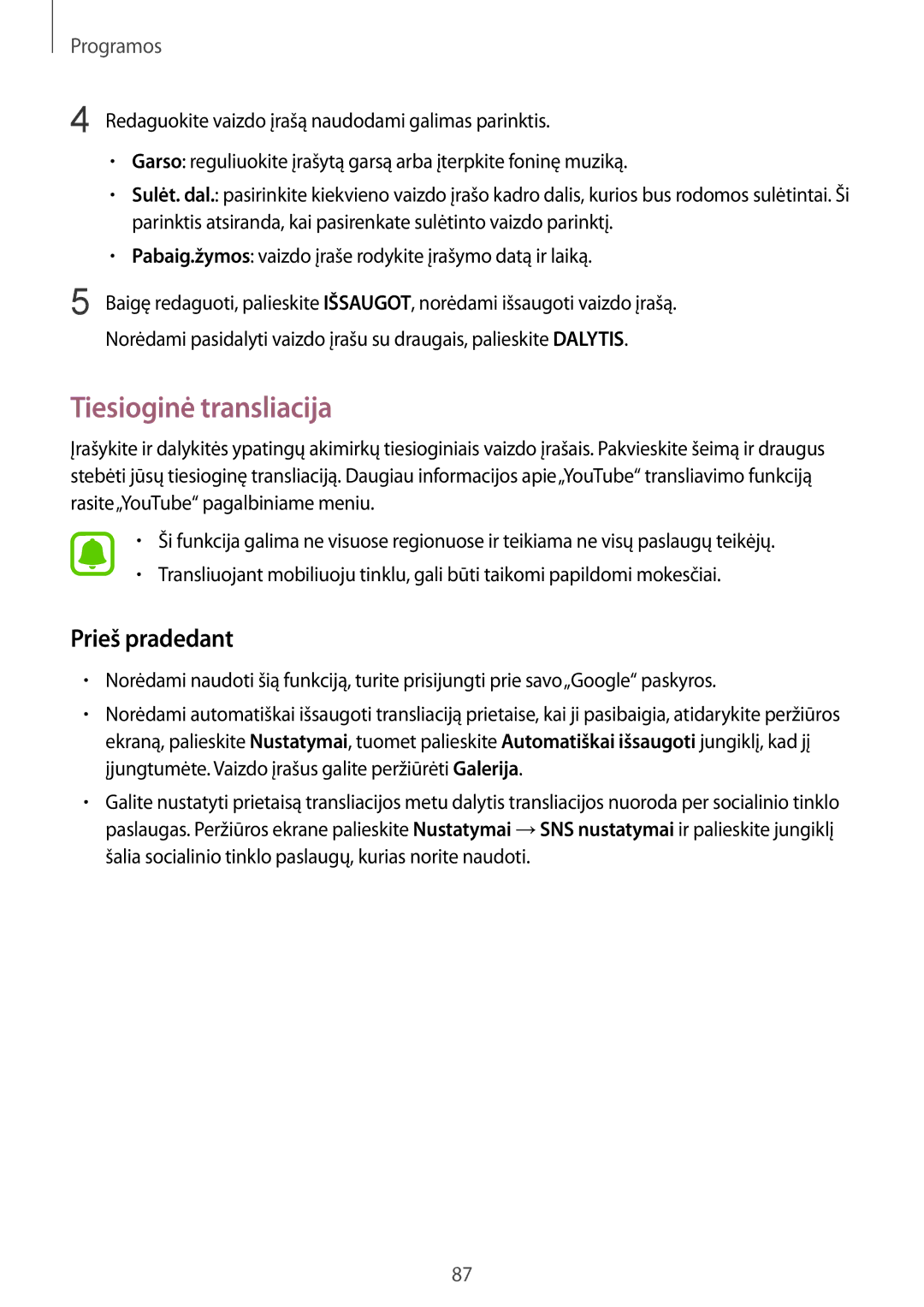 Samsung SM-G935FZDASEB manual Tiesioginė transliacija, Prieš pradedant 