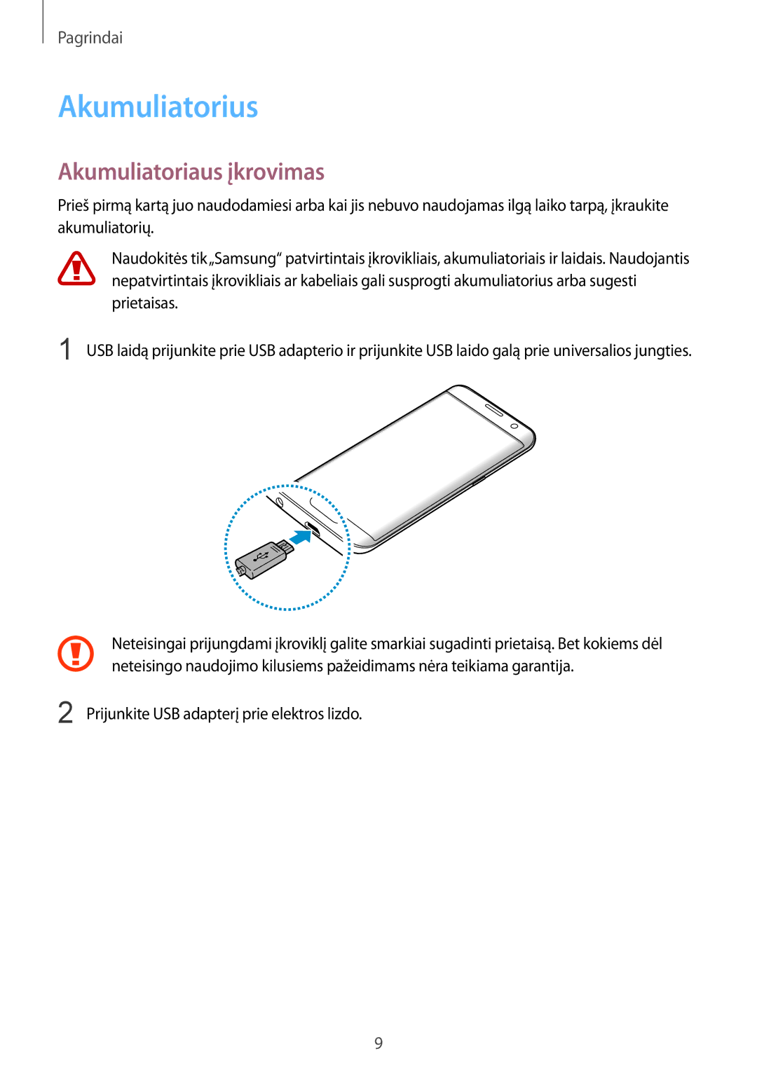 Samsung SM-G935FZDASEB manual Akumuliatorius, Akumuliatoriaus įkrovimas, Prijunkite USB adapterį prie elektros lizdo 