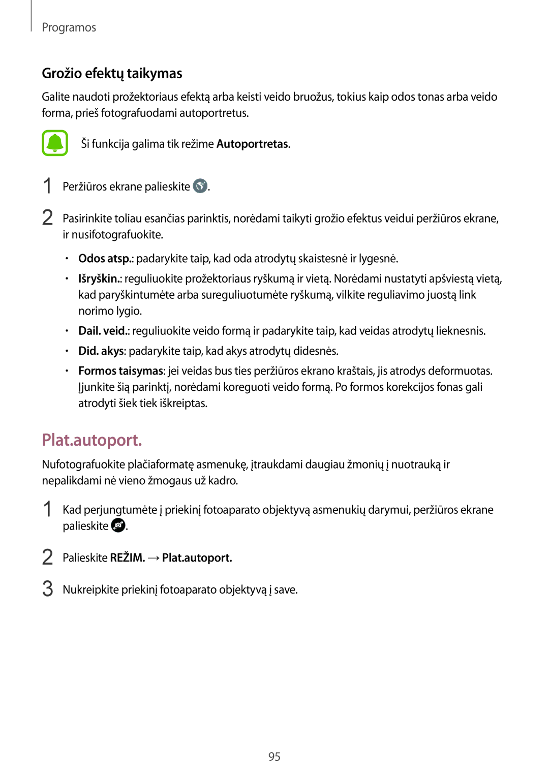 Samsung SM-G935FZDASEB manual Grožio efektų taikymas, Palieskite REŽIM. →Plat.autoport 