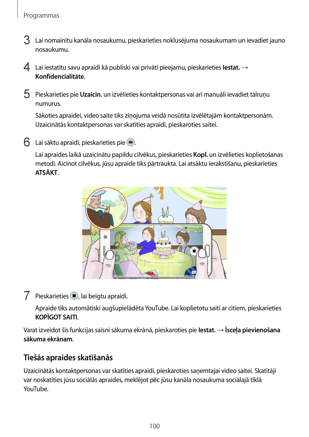 Samsung SM-G935FZDASEB manual Tiešās apraides skatīšanās, Konfidencialitāte, Pieskarieties, Sākuma ekrānam 