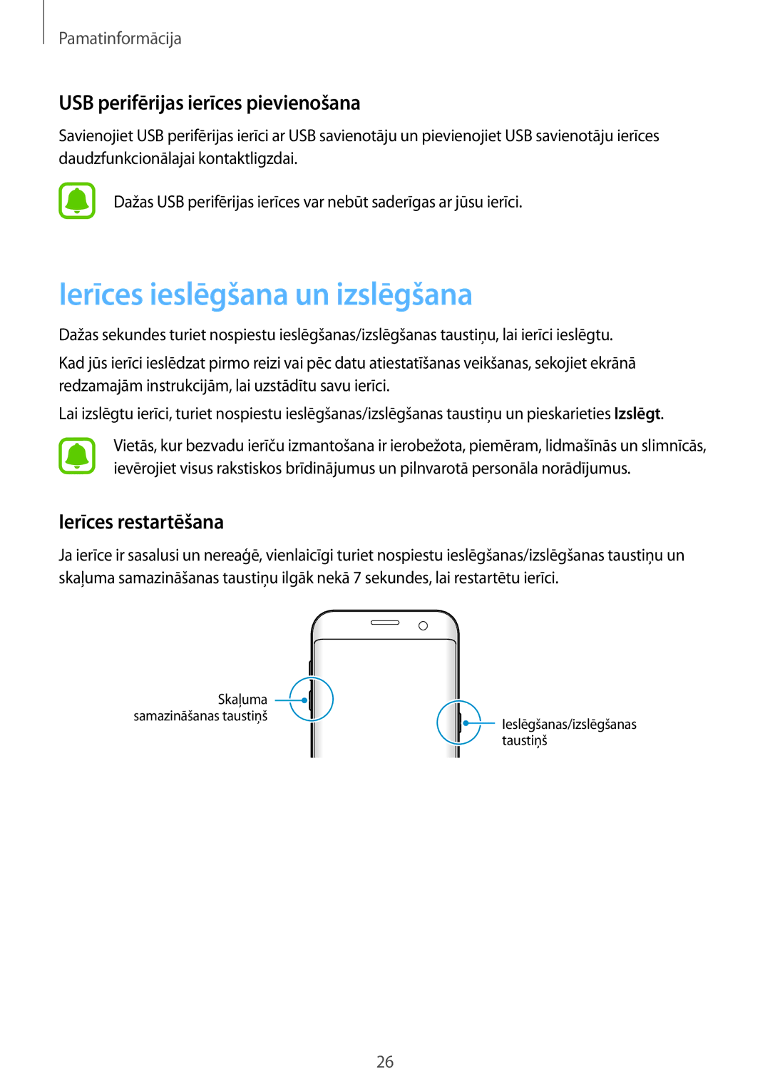 Samsung SM-G935FZDASEB manual Ierīces ieslēgšana un izslēgšana, USB perifērijas ierīces pievienošana, Ierīces restartēšana 