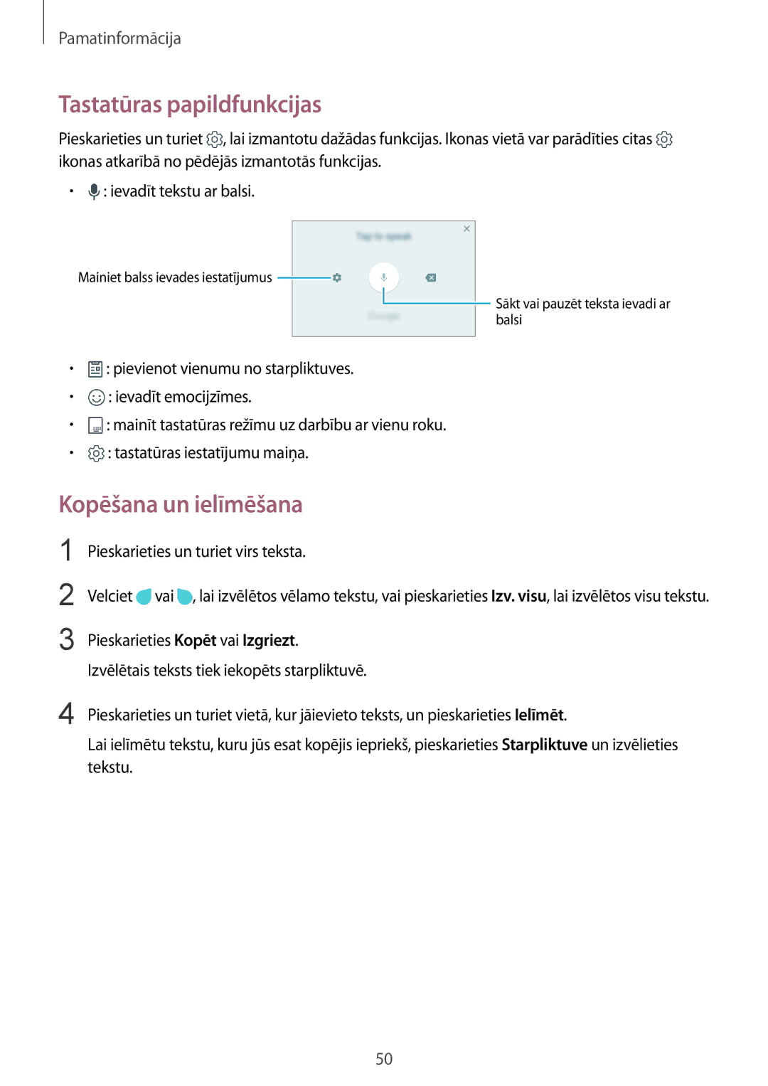 Samsung SM-G935FZDASEB manual Tastatūras papildfunkcijas, Kopēšana un ielīmēšana, Pieskarieties un turiet virs teksta 