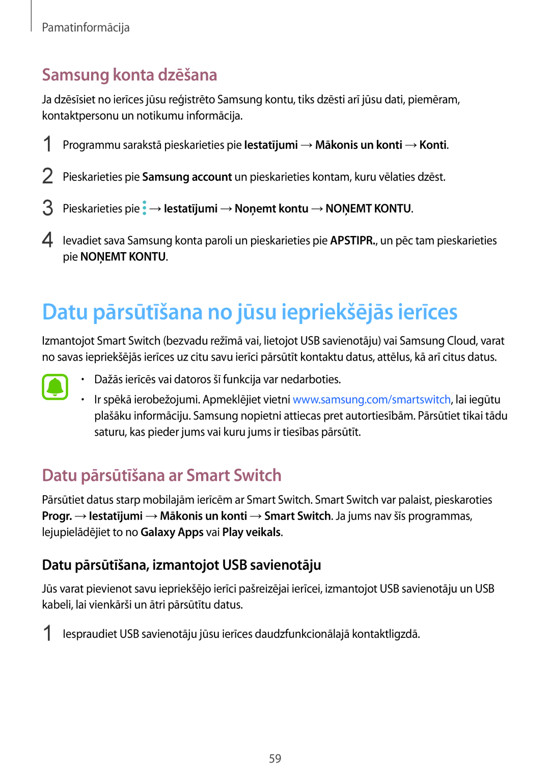 Samsung SM-G935FZDASEB manual Datu pārsūtīšana no jūsu iepriekšējās ierīces, Samsung konta dzēšana 