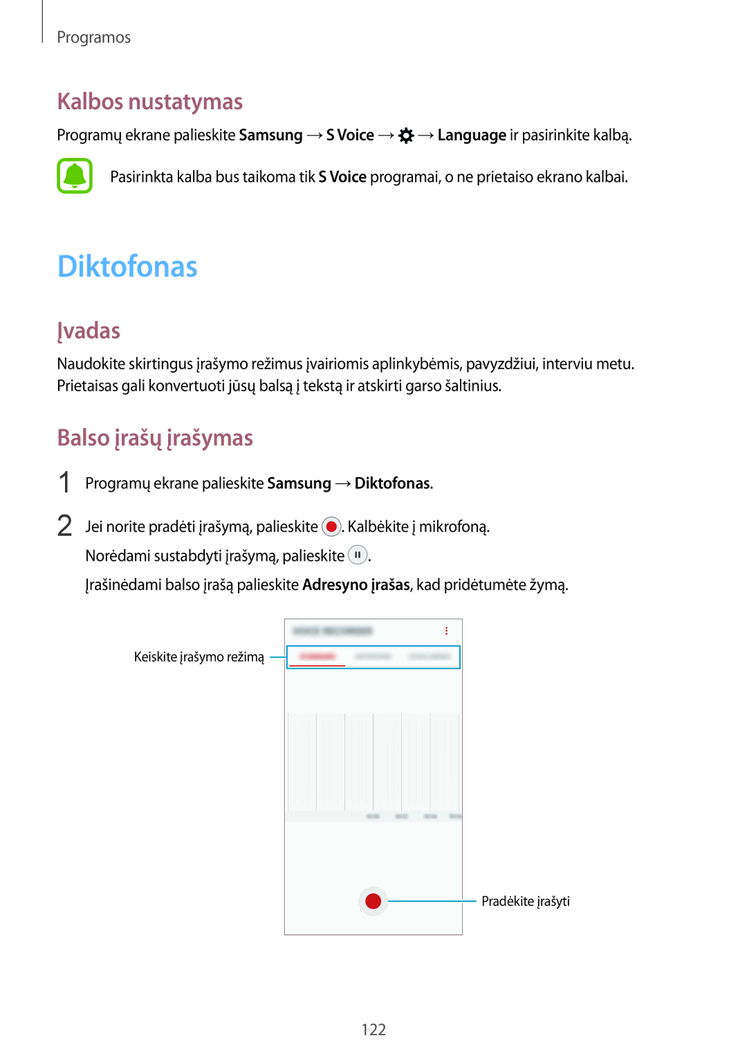 Samsung SM-G935FZDASEB manual Diktofonas, Kalbos nustatymas, Balso įrašų įrašymas 